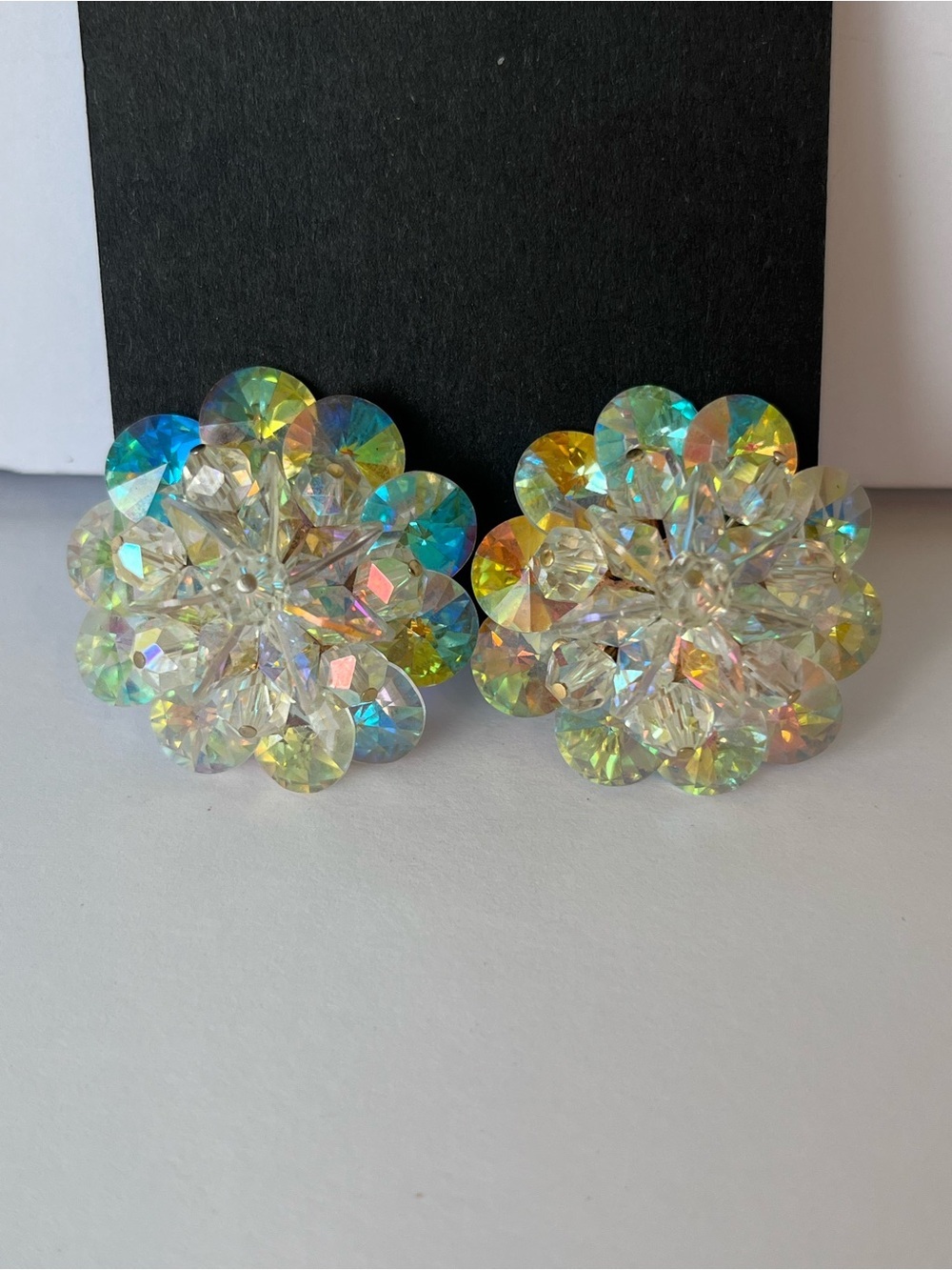 Vintage Laguna Aurora Borealis Large Crystal Clip On Earrings